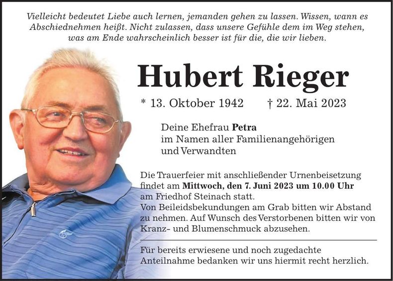 Traueranzeige Hubert Rieger