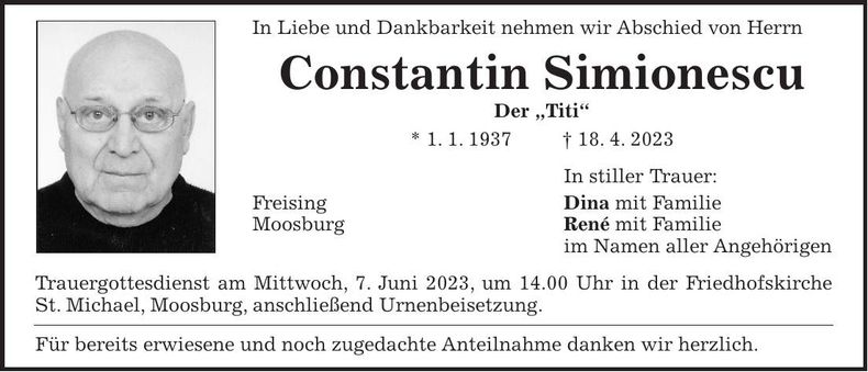 Traueranzeige Constantin Simionescu