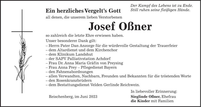 Traueranzeige Josef Oßner