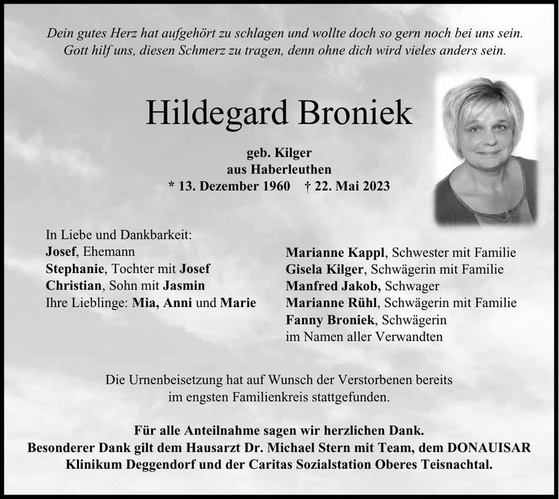 Traueranzeige Hildegard Broniek