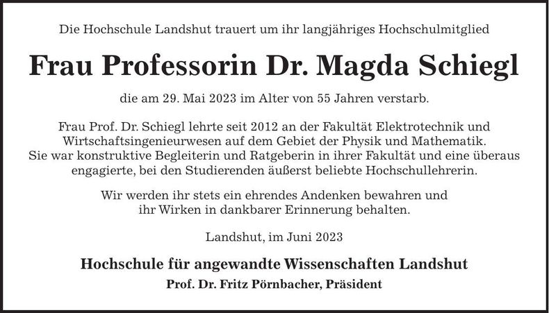 Traueranzeige Magda Schiegl