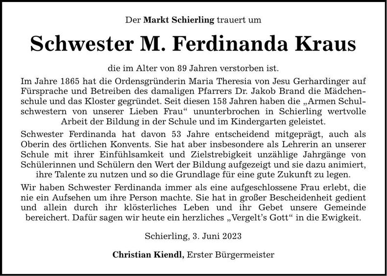 Traueranzeige Schwester Maria Ferdinanda Kraus
