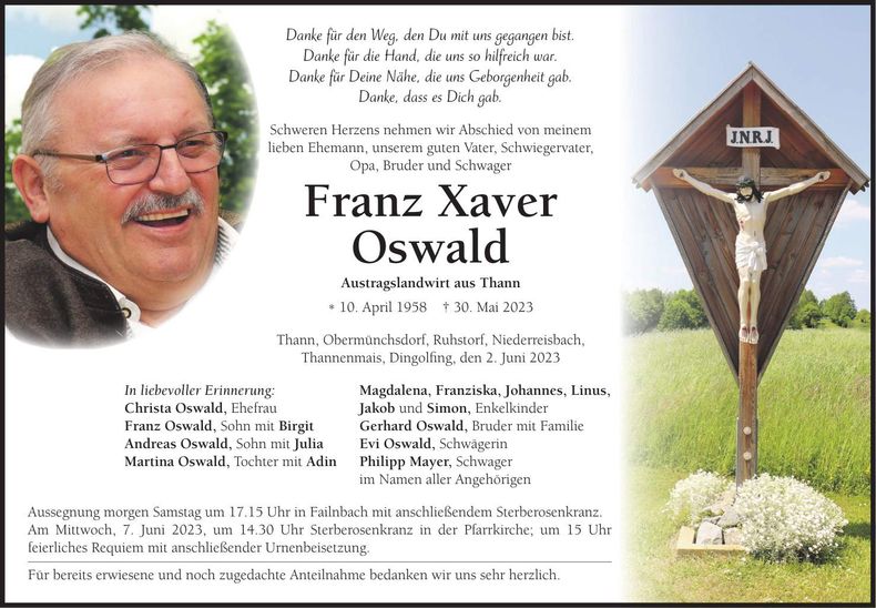 Traueranzeige Franz Xaver Oswald