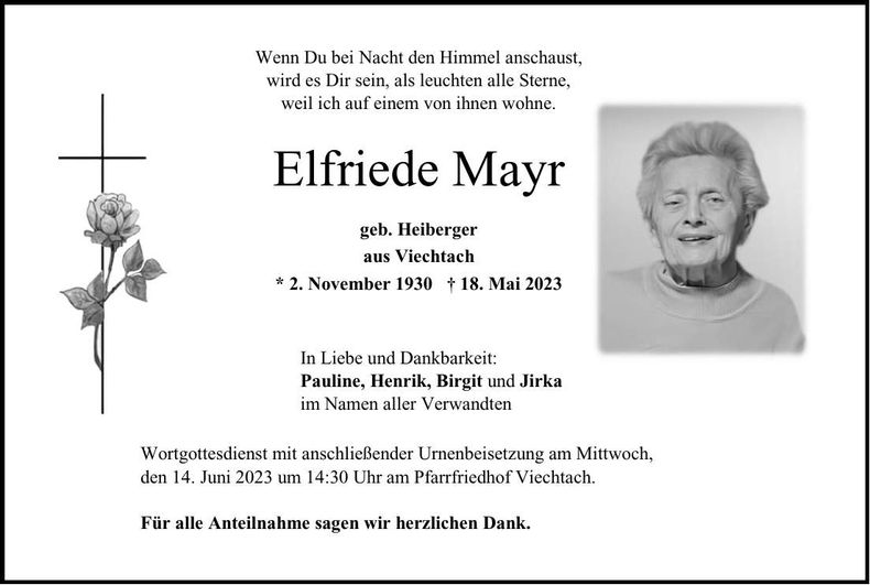 Traueranzeige Elfriede Mayr