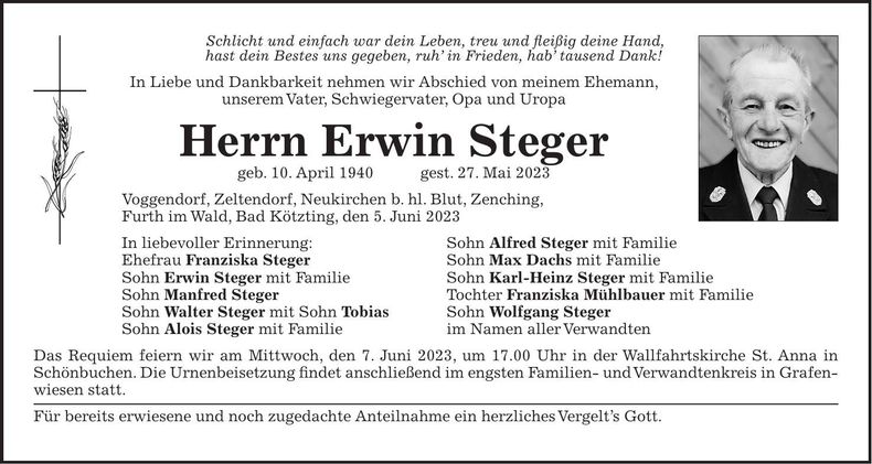 Traueranzeige Erwin Steger