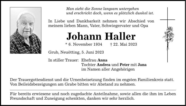 Traueranzeige Johann Haller