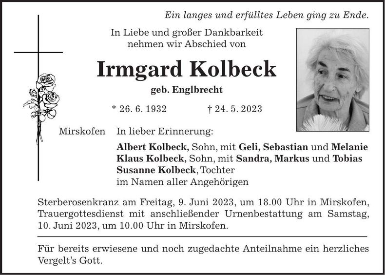 Traueranzeige Irmgard Kolbeck