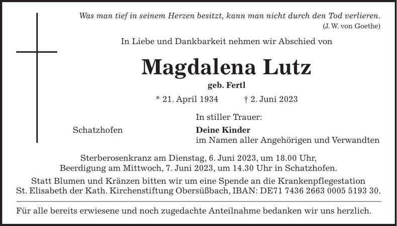 Traueranzeige Magdalena Lutz