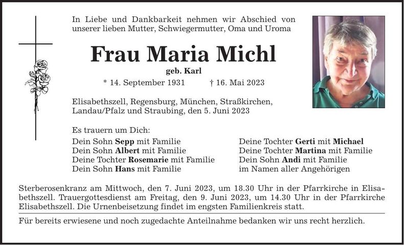 Traueranzeige Maria Michl