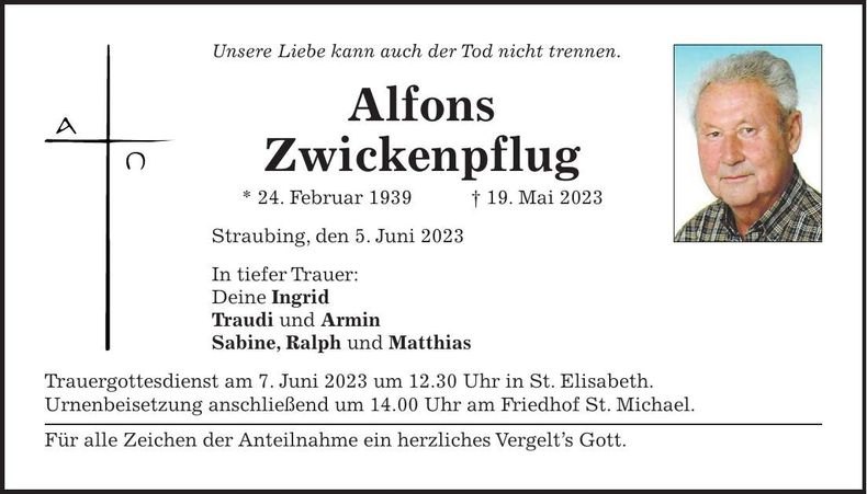 Traueranzeige Alfons Zwickenpflug