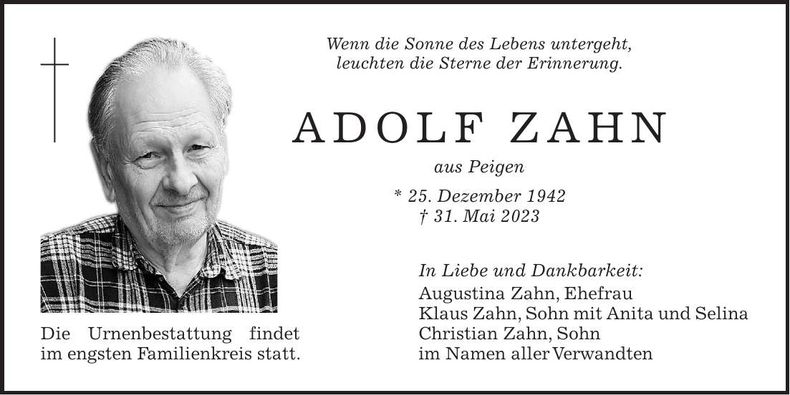 Traueranzeige Adolf Zahn