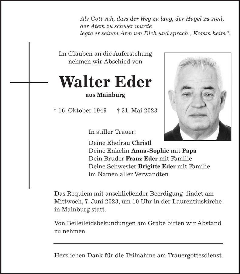 Traueranzeige Walter Eder