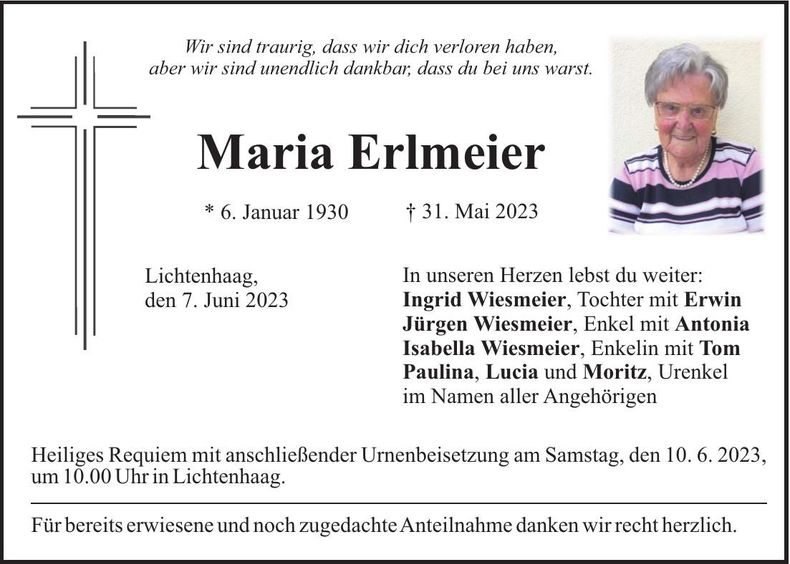Traueranzeige Maria Erlmeier