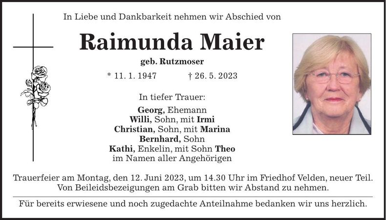 Traueranzeige Reimunda Maier