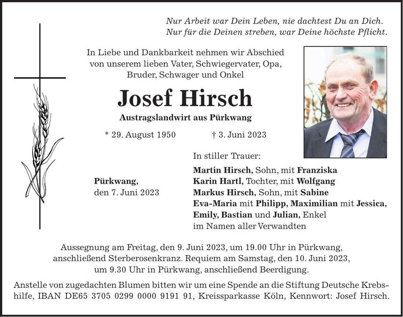 Traueranzeige Josef Hirsch