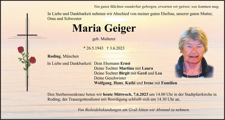 Traueranzeige Maria Geiger
