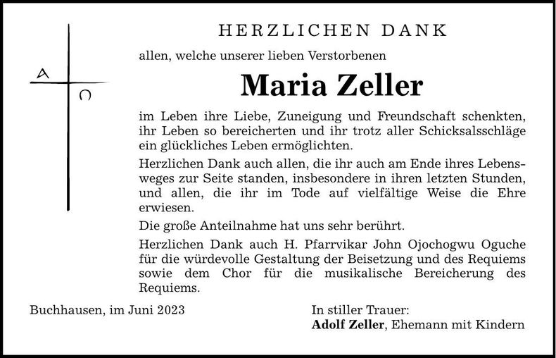 Traueranzeige Maria Zeller