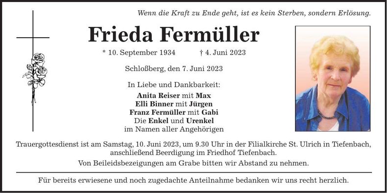 Traueranzeige Frieda Fermüller