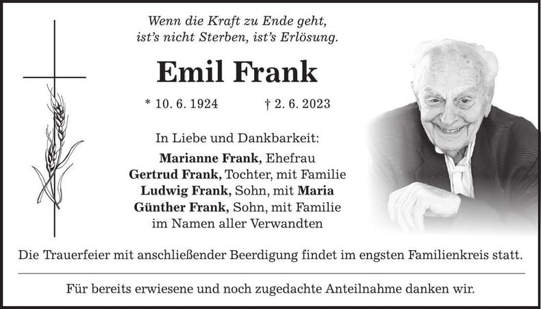 Traueranzeige Emil Frank