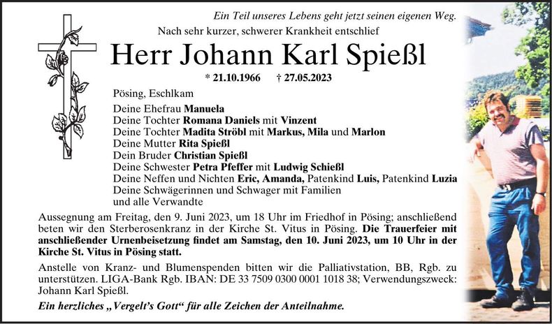Traueranzeige Johann Karl Spießl
