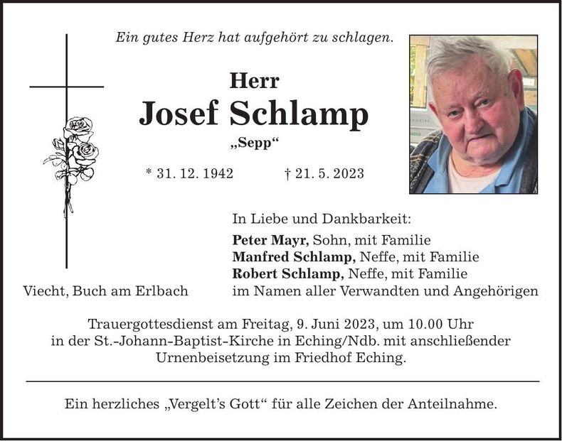 Traueranzeige Josef Schlamp