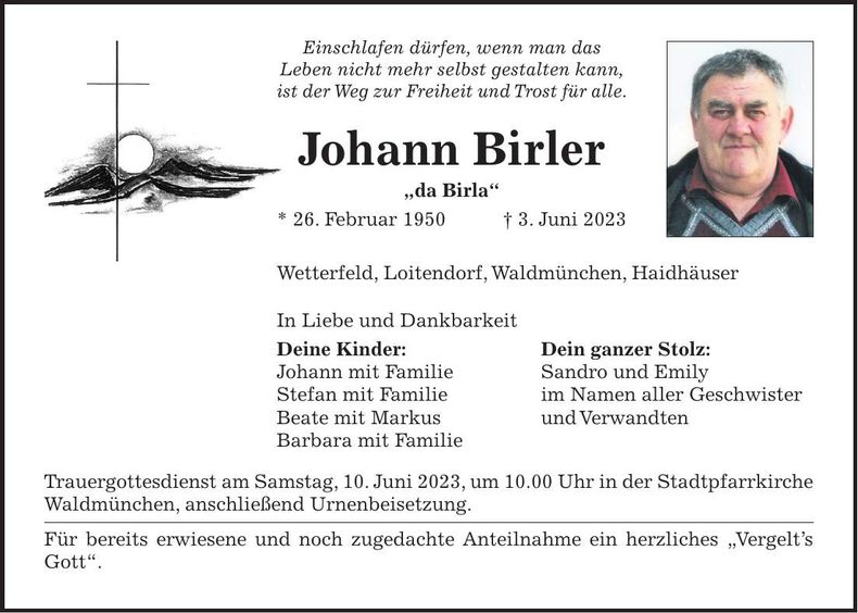 Traueranzeige Johann Birler
