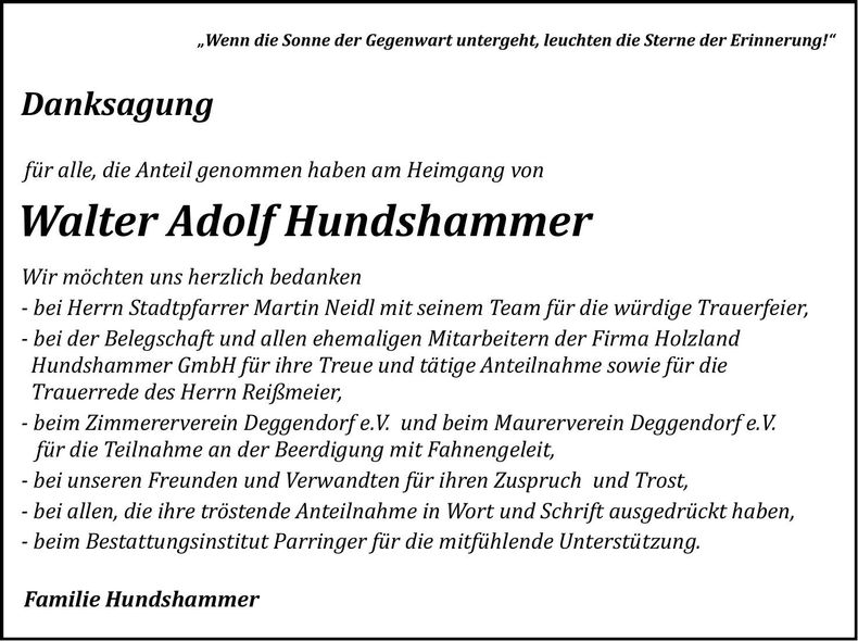 Traueranzeige Walter Hundshammer
