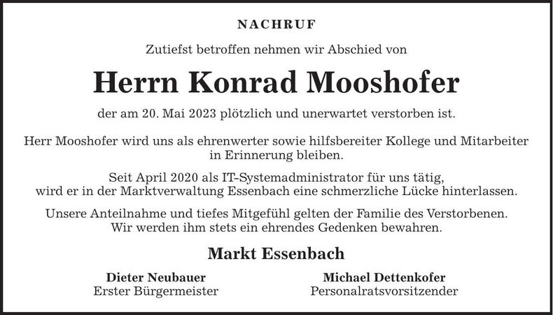 Traueranzeige Konrad Mooshofer