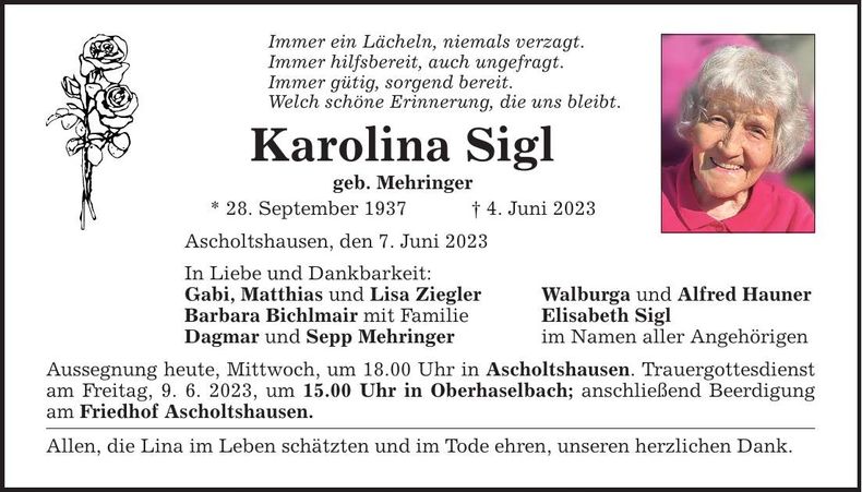Traueranzeige Karolina Sigl