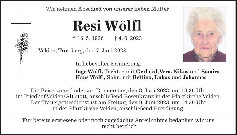 Traueranzeige Resi Wölfl
