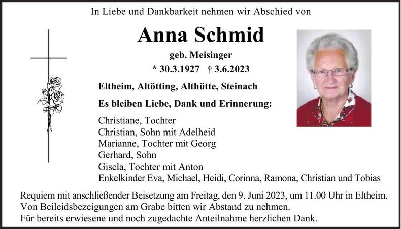 Traueranzeige Anna Schmid