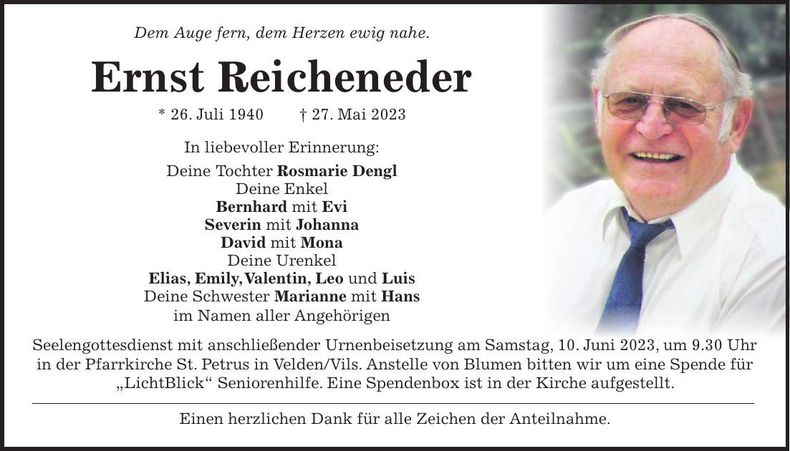 Traueranzeige Ernst Reicheneder