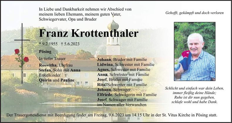 Traueranzeige Franz Krottenthaler
