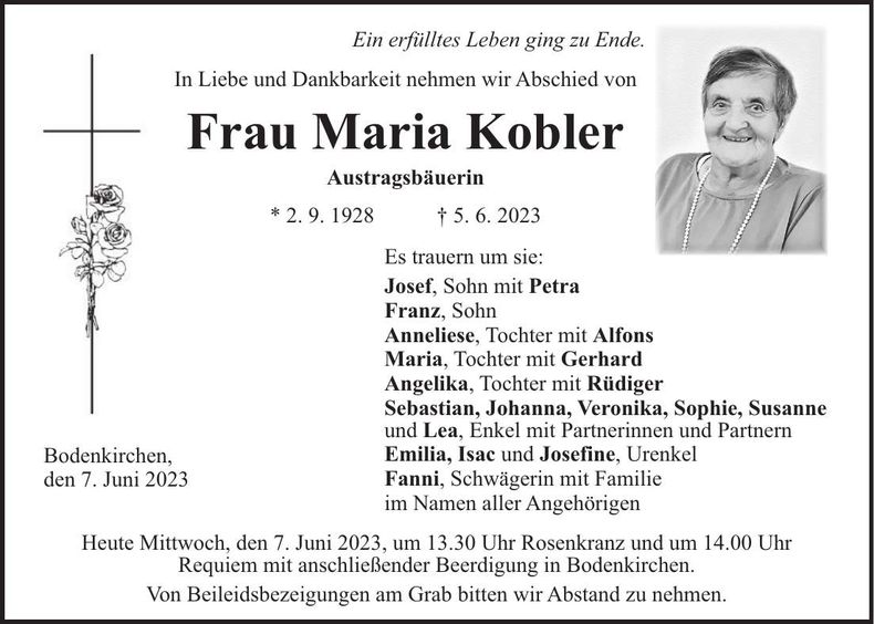 Traueranzeige Maria Kobler