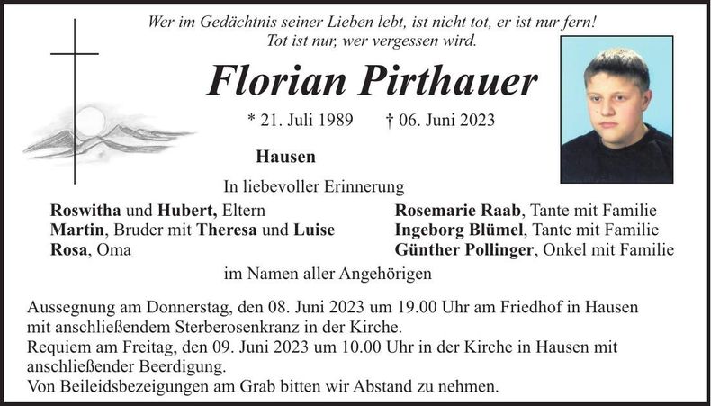 Traueranzeige Florian Pirthauer