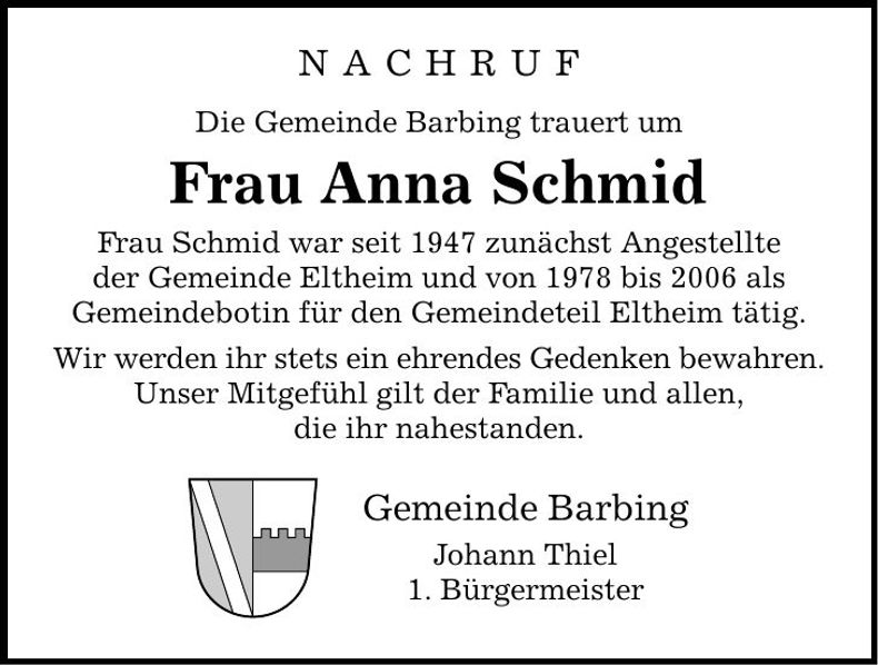 Traueranzeige Anna Schmidb