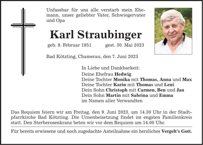 Traueranzeige Karl Straubinger