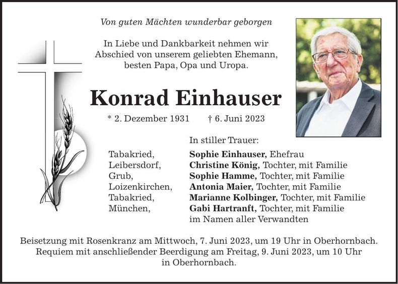 Traueranzeige Konrad Einhauser