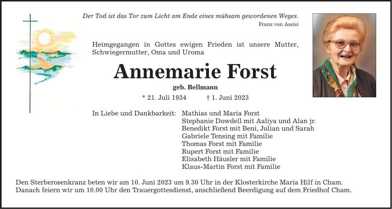 Traueranzeige Annemarie Forst