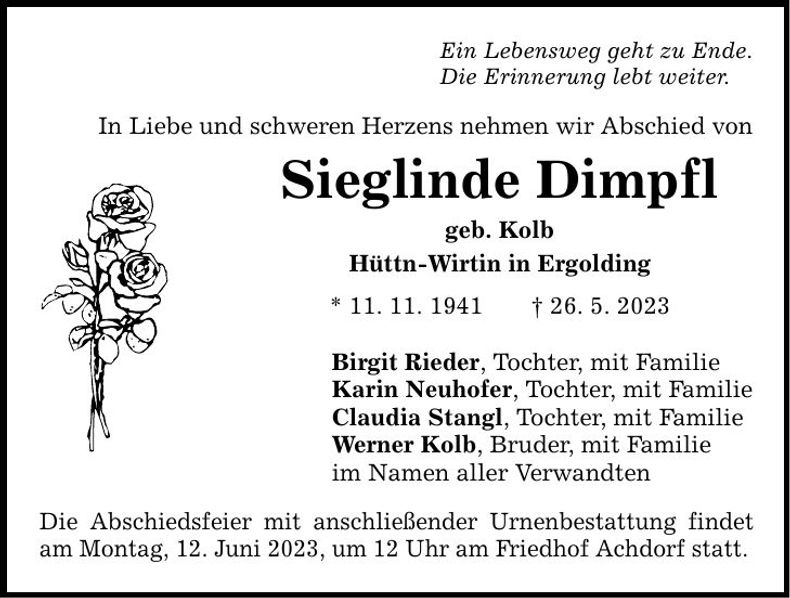 Traueranzeige Sieglinde Dimpfl
