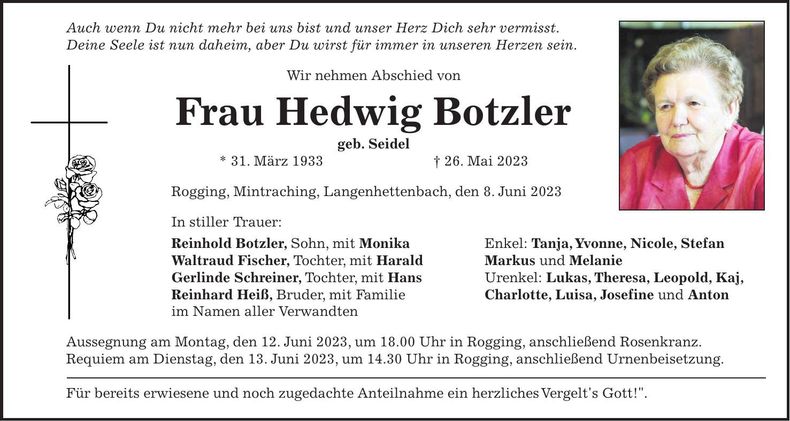 Traueranzeige Hedwig Botzler