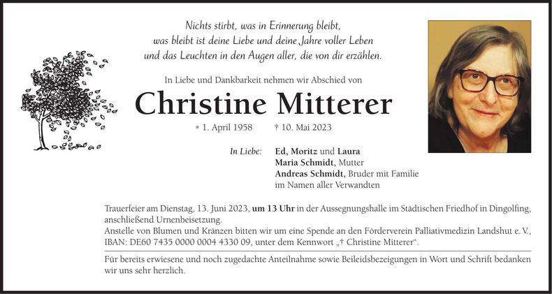 Traueranzeige Christine Mitterer