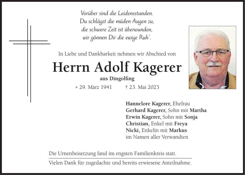 Traueranzeige Adolf Kagerer