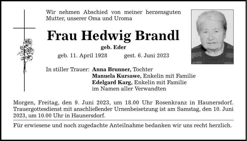 Traueranzeige Hedwig Brandl