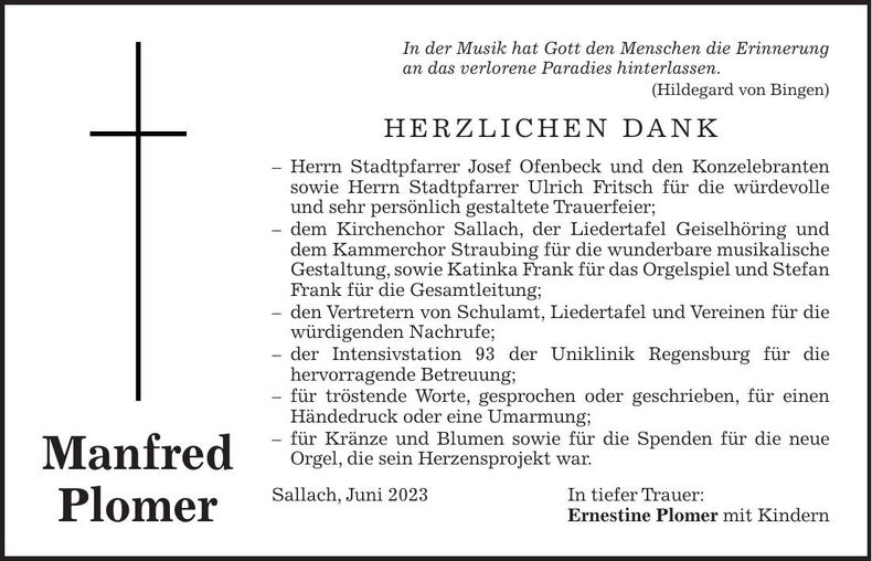 Traueranzeige Manfred Plomer