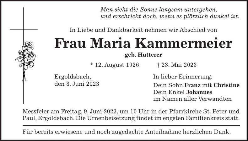 Traueranzeige Maria Kammermeier