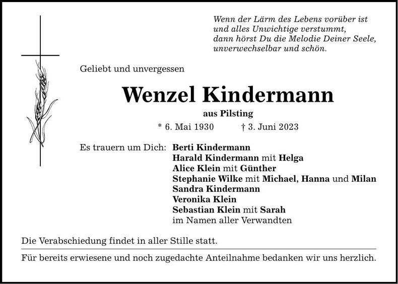 Traueranzeige Wenzel Kindermann