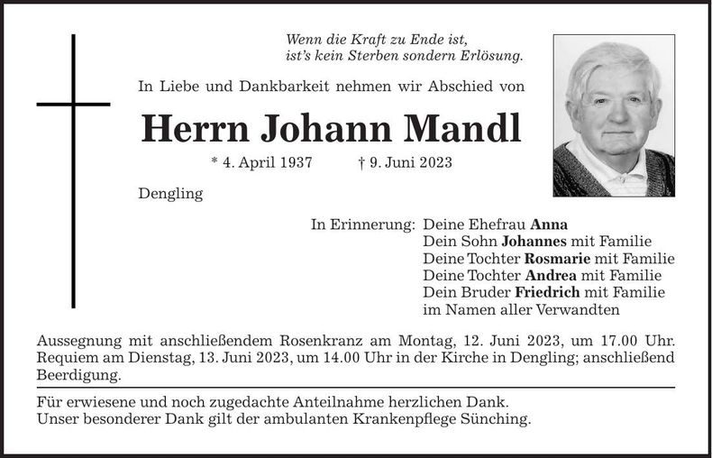 Traueranzeige Johann Mandl