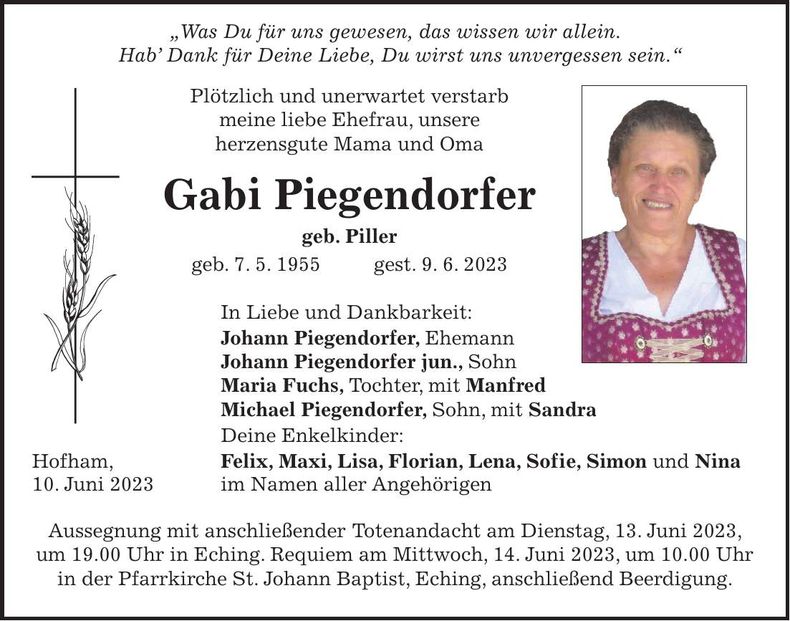 Traueranzeige Gabi Piegendorfer