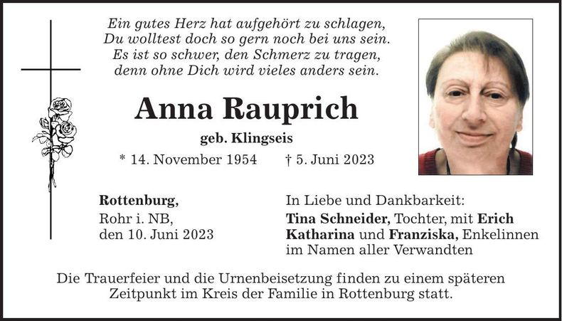 Traueranzeige Anna Rauprich
